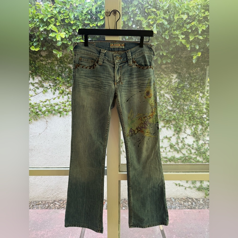 Vintage Y2K Allen B. By Allen Schwartz Watercolor Koi Fish Low Rise Flare Jeans